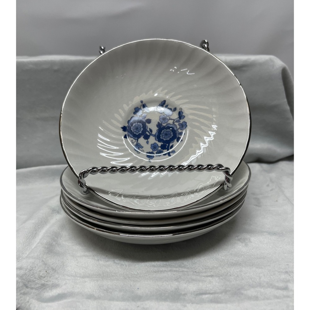 Enoch Wedgwood Royal Blue Ironstone Saucers Set of 5 Floral Swirl White Blue